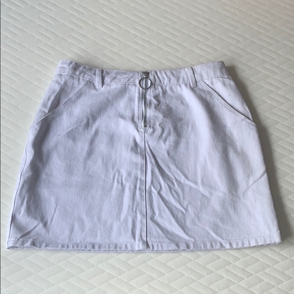 White jean skirt with circle front zipper